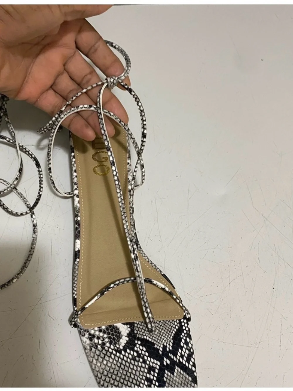 Snake-Print Lace-Up Sandal in Black & White